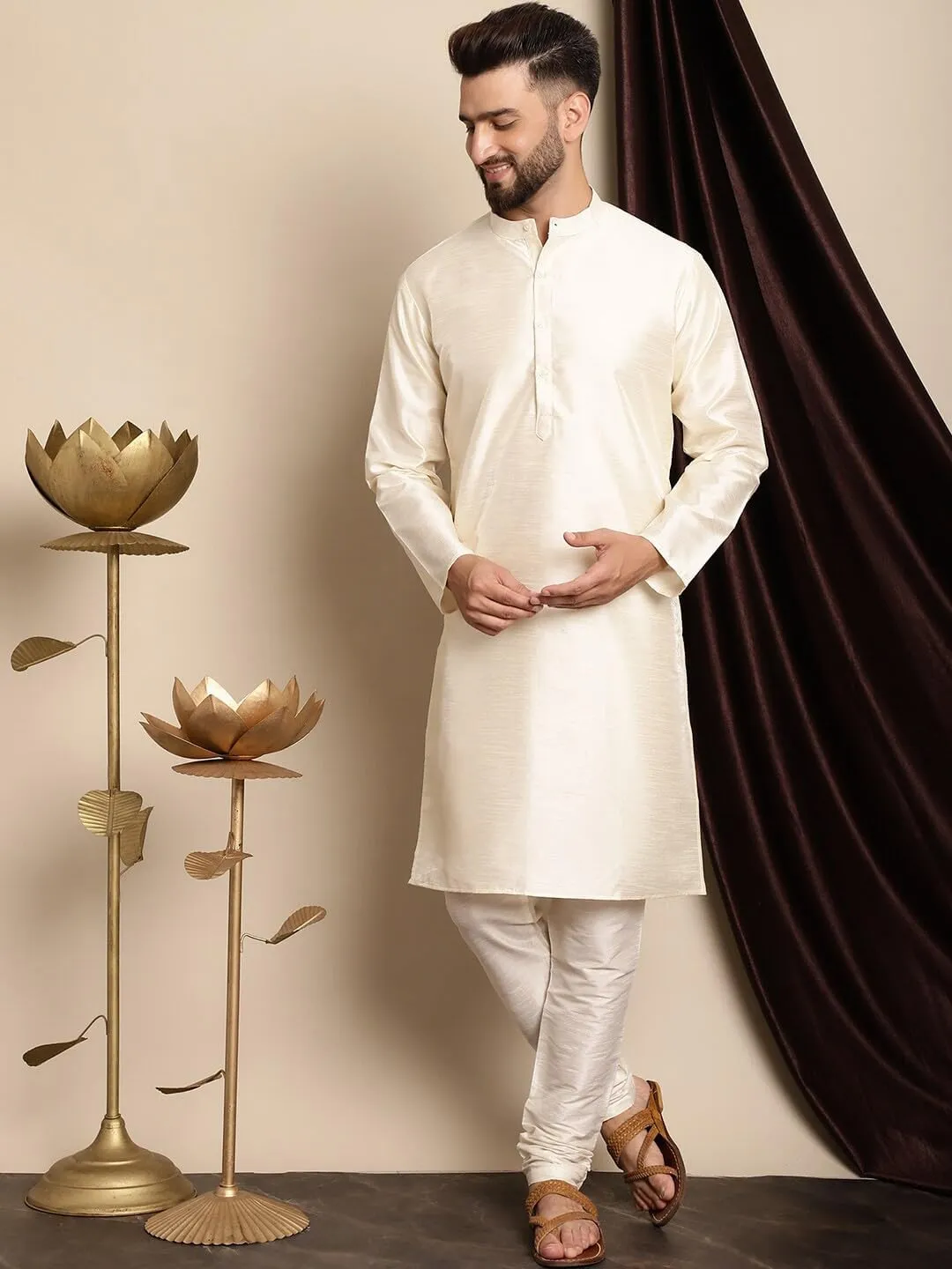 SKAVIJ Men Art Silk Kurta Pyjama Long Sleeve Casual Ethnic Gown Dress Pants Shirt Set