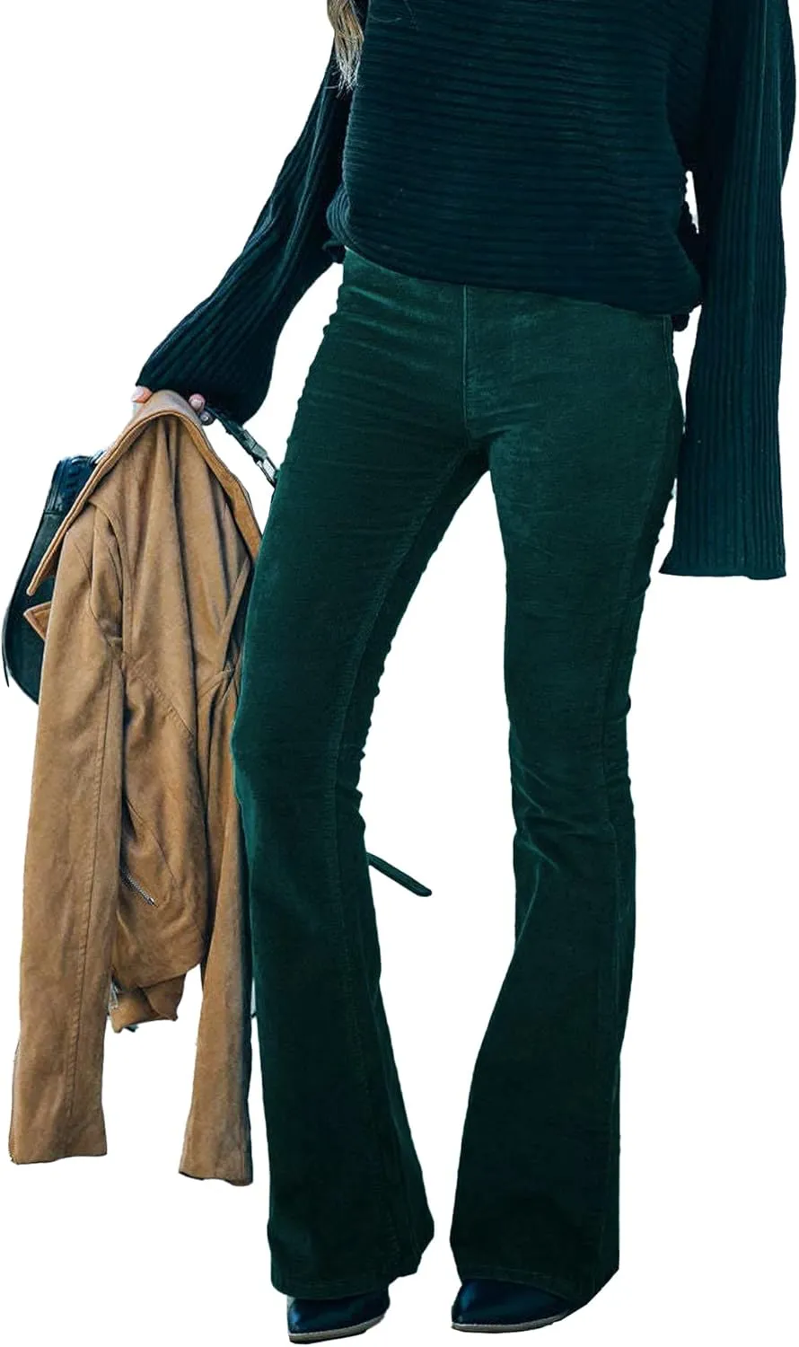 SOMTHRON Women's Corduroy Flare Pants Elastic Waist Slim Fit Bell Bottom Retro Wide Leg Long Trousers