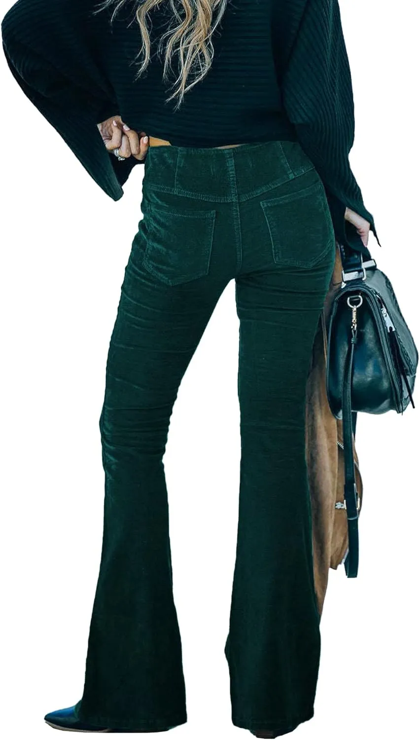 SOMTHRON Women's Corduroy Flare Pants Elastic Waist Slim Fit Bell Bottom Retro Wide Leg Long Trousers
