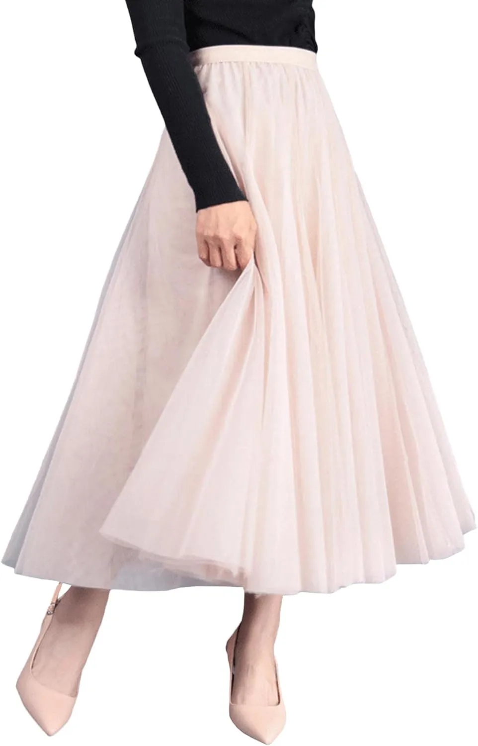 SOMTHRON Women's Tutu Tulle Skirt Elastic High Waist Layered Skirt Plain Mesh A-Line Midi Pleated Skirt