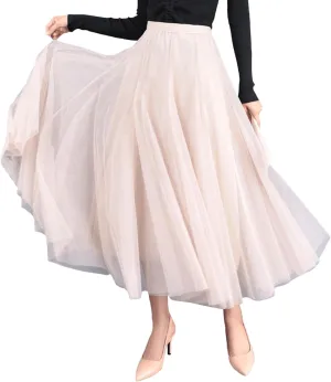 SOMTHRON Women's Tutu Tulle Skirt Elastic High Waist Layered Skirt Plain Mesh A-Line Midi Pleated Skirt