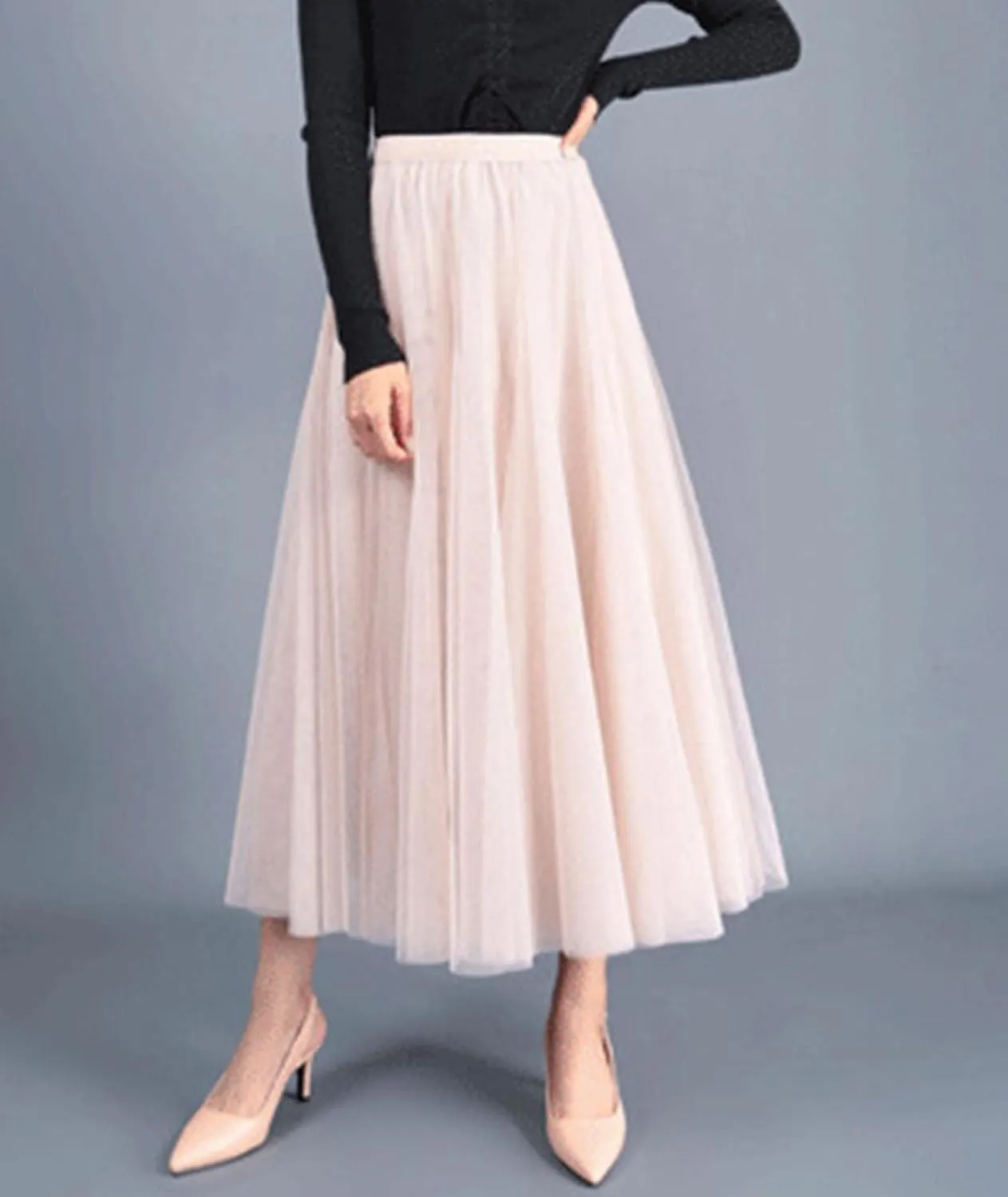 SOMTHRON Women's Tutu Tulle Skirt Elastic High Waist Layered Skirt Plain Mesh A-Line Midi Pleated Skirt
