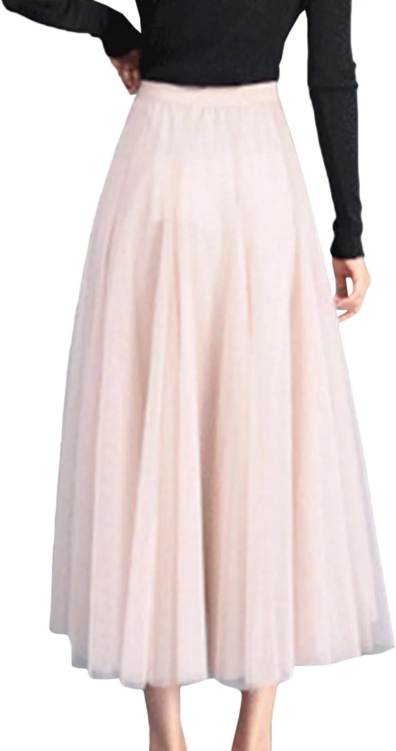 SOMTHRON Women's Tutu Tulle Skirt Elastic High Waist Layered Skirt Plain Mesh A-Line Midi Pleated Skirt