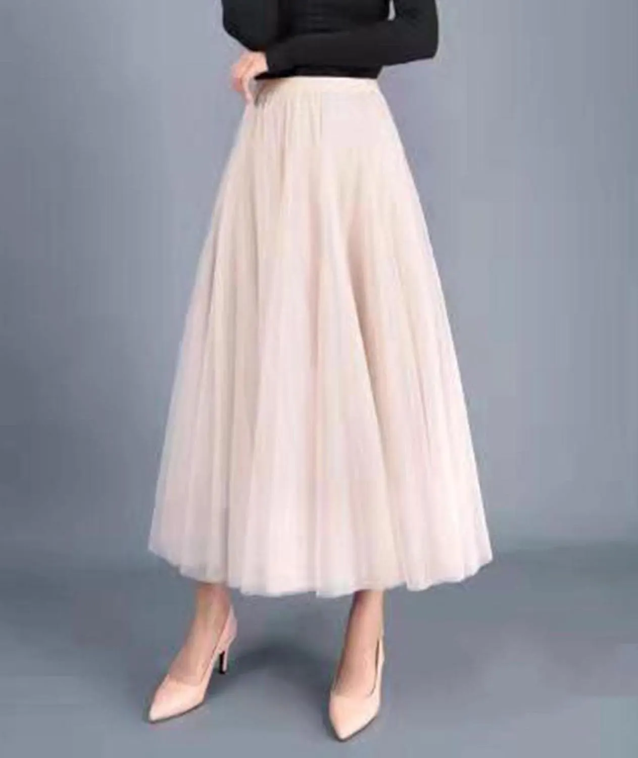SOMTHRON Women's Tutu Tulle Skirt Elastic High Waist Layered Skirt Plain Mesh A-Line Midi Pleated Skirt