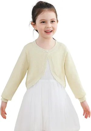 Sparkle Cardigan for Girls,Long Sleeve Bolero Shrug W/ 2 Style Button, Open Front Cropped Knit Sweater 3-13Y