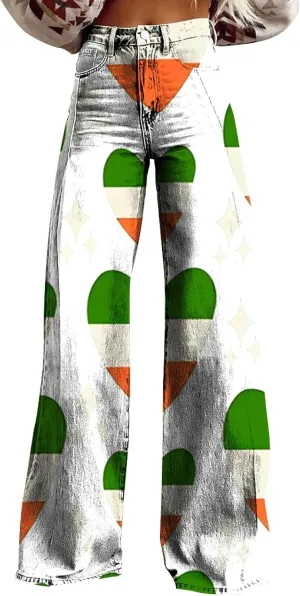 St Patricks Day Outfits for Women Shamrock Prints Patch Mid Waist High Waist Floral Patterned Pants Casual Work