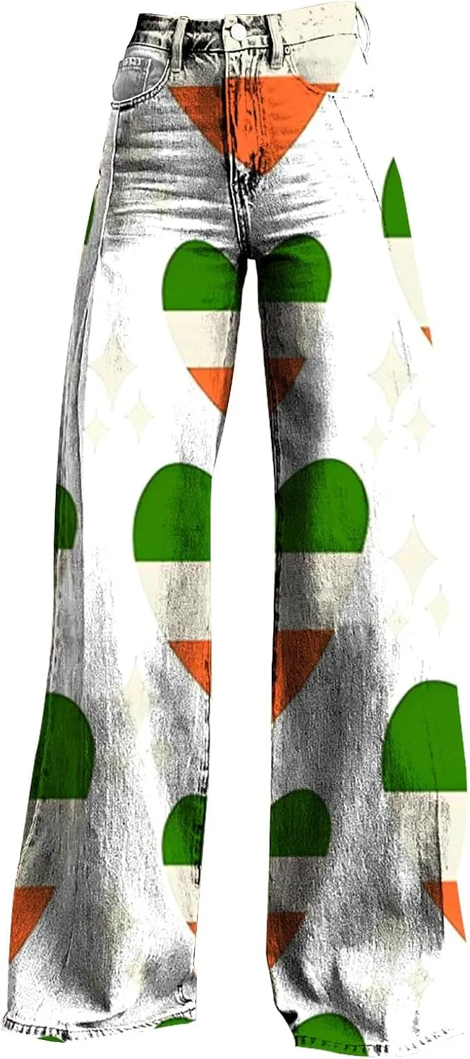 St Patricks Day Outfits for Women Shamrock Prints Patch Mid Waist High Waist Floral Patterned Pants Casual Work