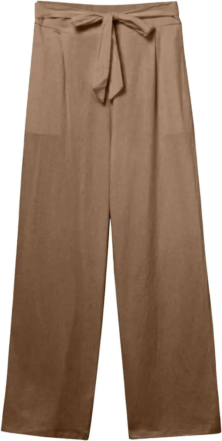 Straight Leg Linen Pants Women 2025 Summer Casual Elastic High Waisted Drawstring Pants Baggy Lounge Pants with Pockets