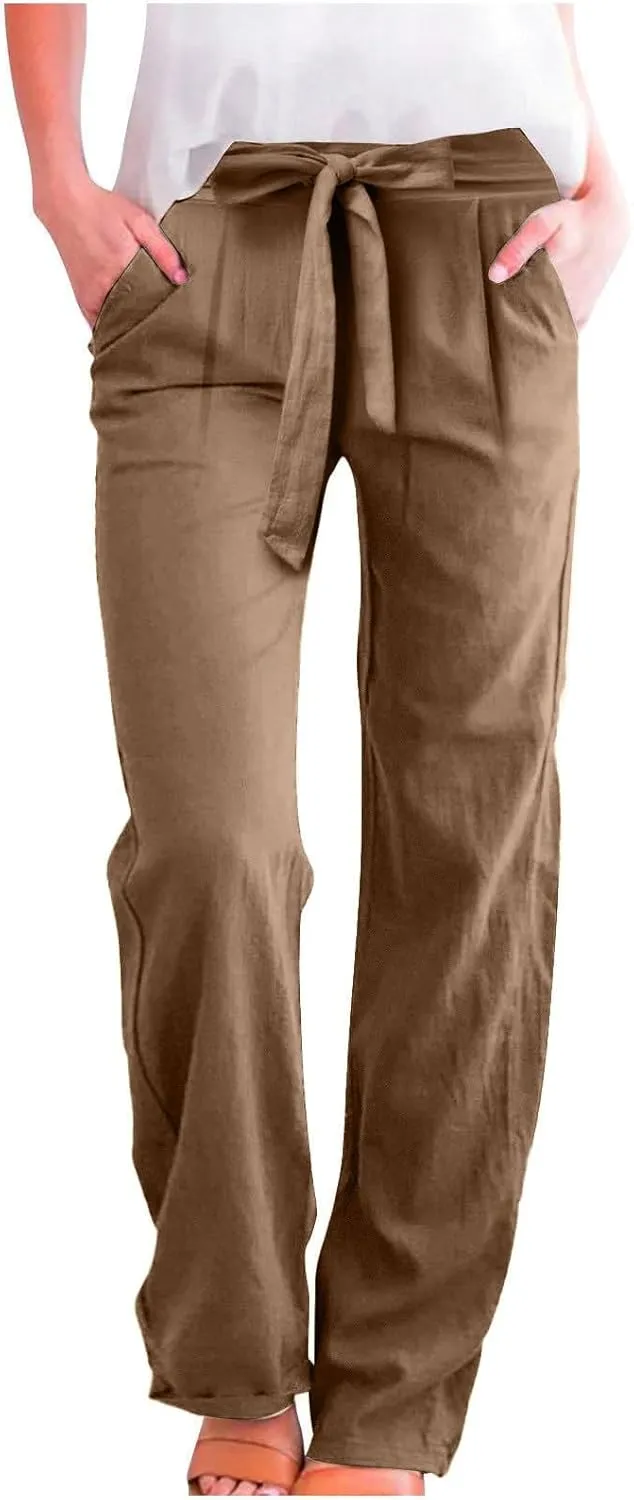 Straight Leg Linen Pants Women 2025 Summer Casual Elastic High Waisted Drawstring Pants Baggy Lounge Pants with Pockets