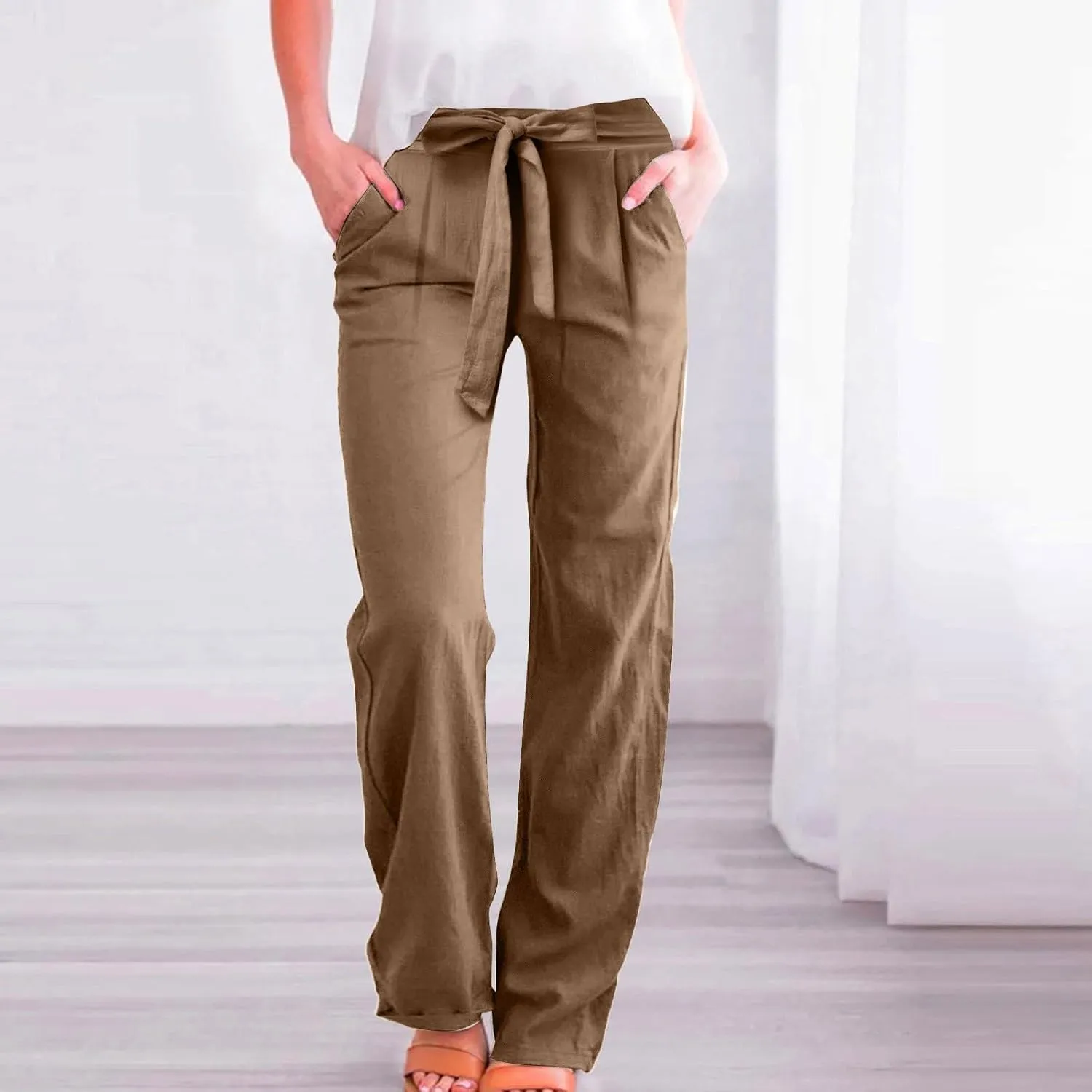 Straight Leg Linen Pants Women 2025 Summer Casual Elastic High Waisted Drawstring Pants Baggy Lounge Pants with Pockets