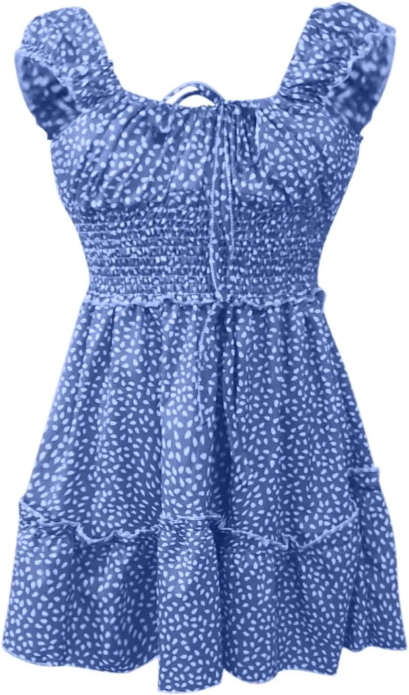 Summer Womens Smocked Dresses Ruffle Sleeve Floral Tie Front Boho Sundress Sexy Print Sweetheart Neckline Mini Dress