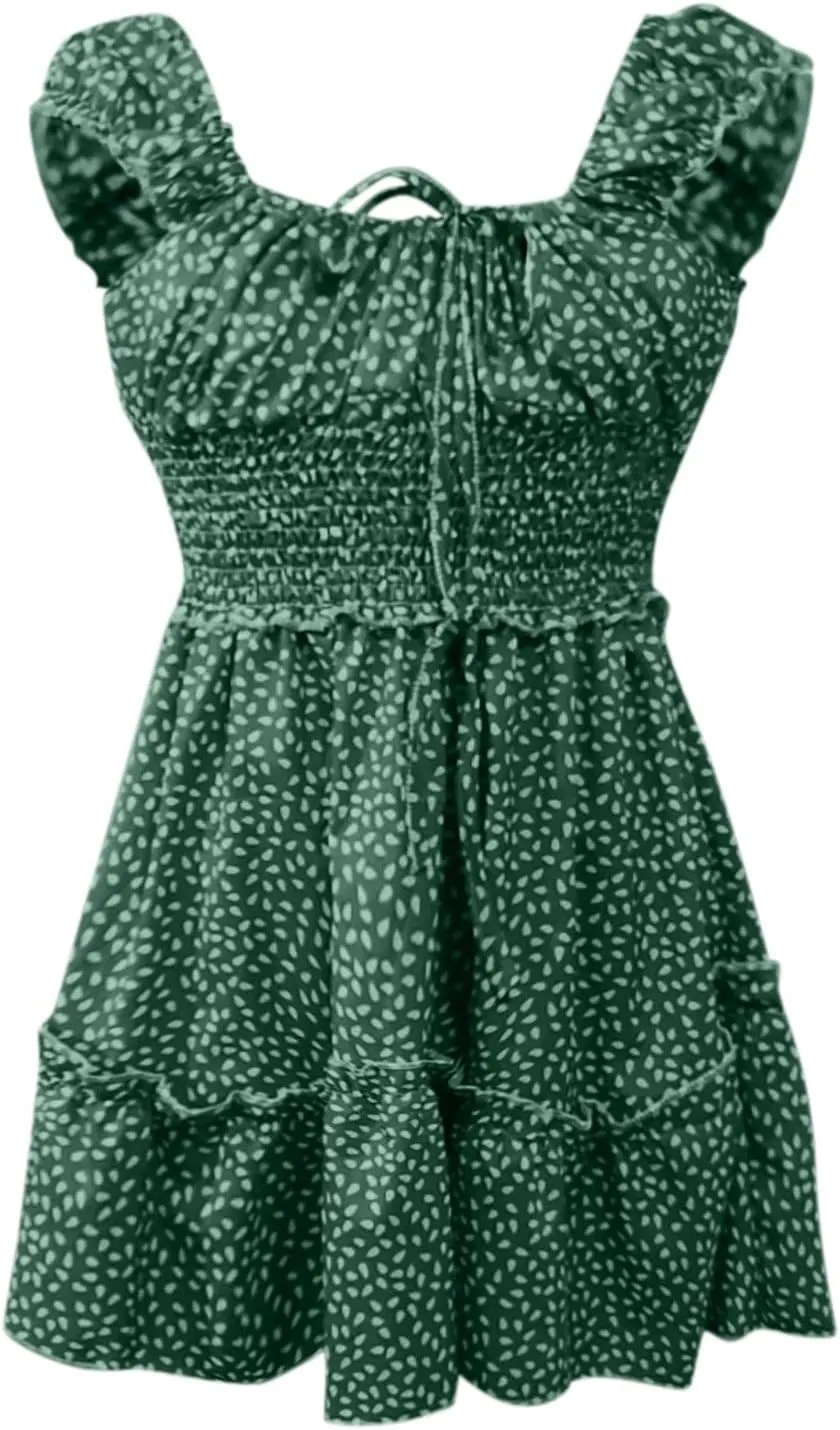 Summer Womens Smocked Dresses Ruffle Sleeve Floral Tie Front Boho Sundress Sexy Print Sweetheart Neckline Mini Dress