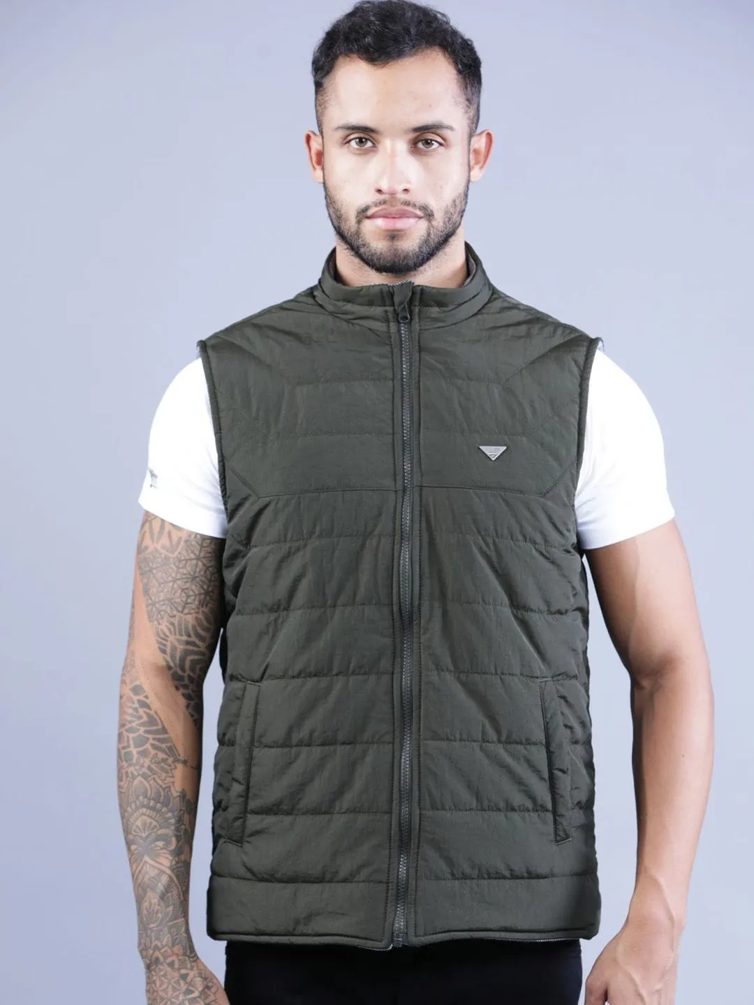 t-base Men Olive Green Windcheater Padded Jacket