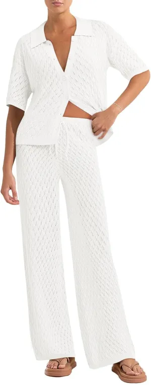 Tankaneo Womens Summer 2 Piece Swimsuit Cover up Crochet Knit Cardigan Tops Long Pants Bathing Suit Beach Outfit