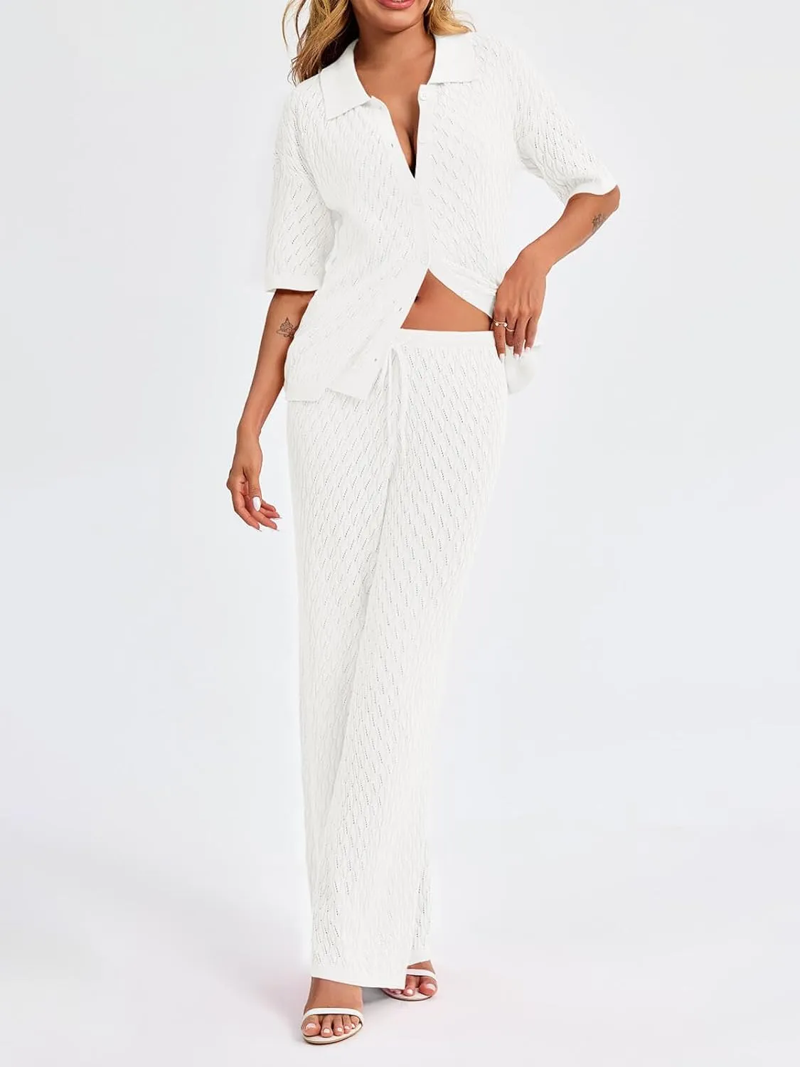 Tankaneo Womens Summer 2 Piece Swimsuit Cover up Crochet Knit Cardigan Tops Long Pants Bathing Suit Beach Outfit
