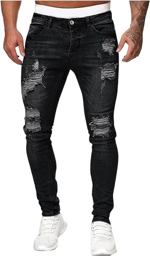Thatrich Mens Destroyed Jeans Moto Denim Pants Slim Fit Stretch Jean Skinny Ripped Cowboy Trousers Trendy Streetwear Spring