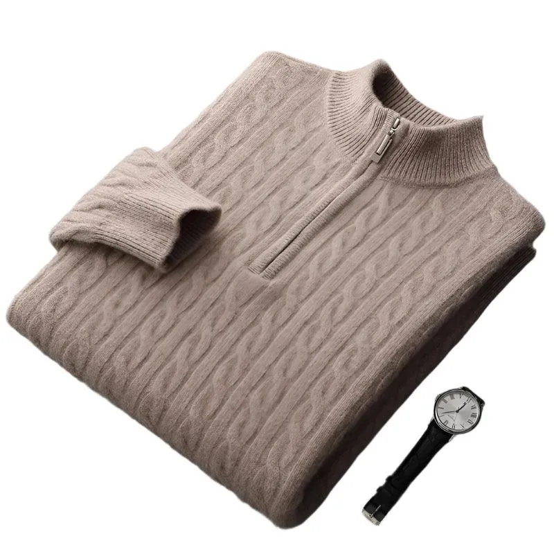 Thick Padded Knit Zipper Collar Pullover Men’s 100% Merino Cashmere Sweater