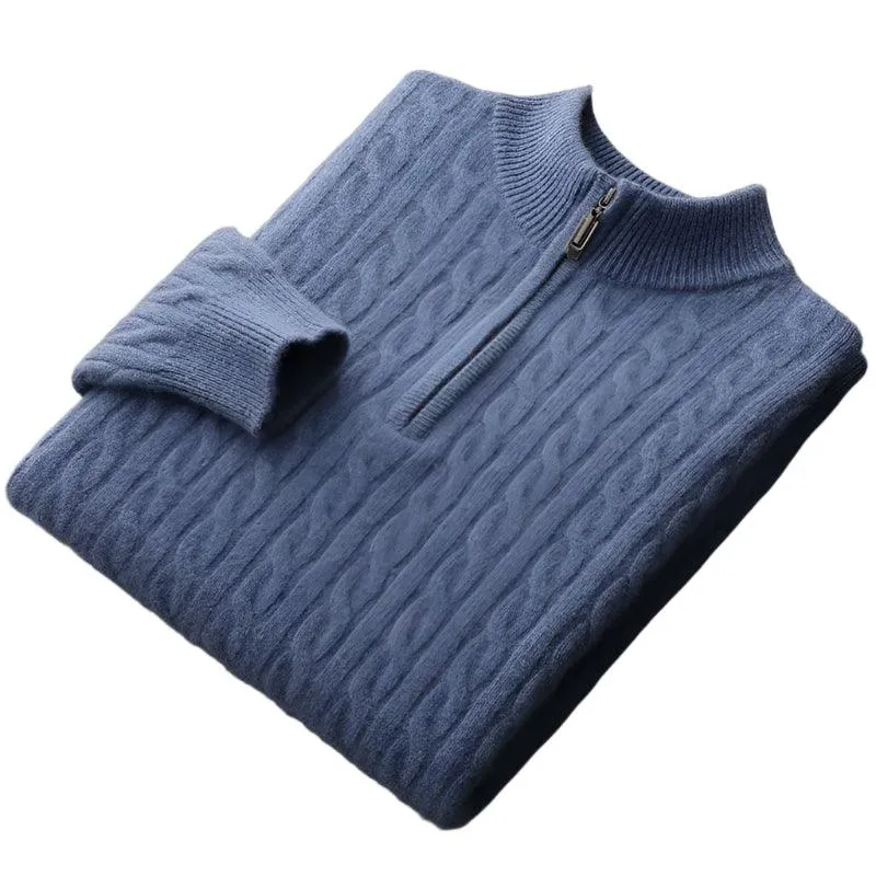 Thick Padded Knit Zipper Collar Pullover Men’s 100% Merino Cashmere Sweater