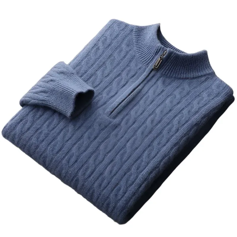 Thick Padded Knit Zipper Collar Pullover Men’s 100% Merino Cashmere Sweater