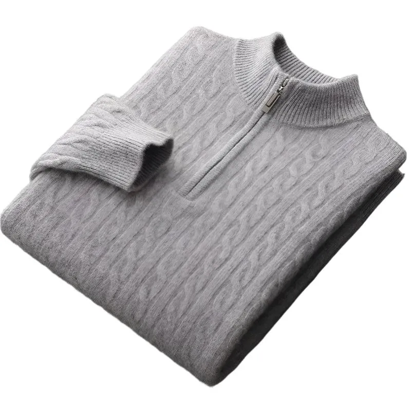 Thick Padded Knit Zipper Collar Pullover Men’s 100% Merino Cashmere Sweater