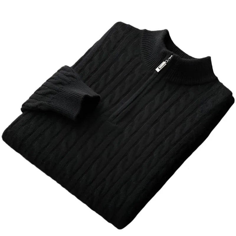 Thick Padded Knit Zipper Collar Pullover Men’s 100% Merino Cashmere Sweater