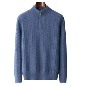 Thick Padded Knit Zipper Collar Pullover Men’s 100% Merino Cashmere Sweater