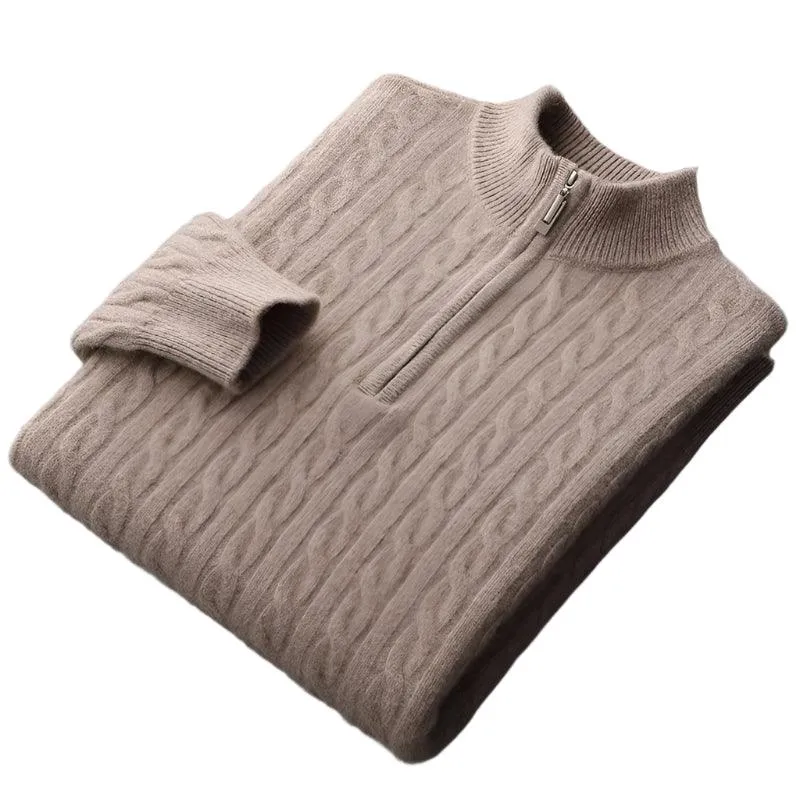 Thick Padded Knit Zipper Collar Pullover Men’s 100% Merino Cashmere Sweater