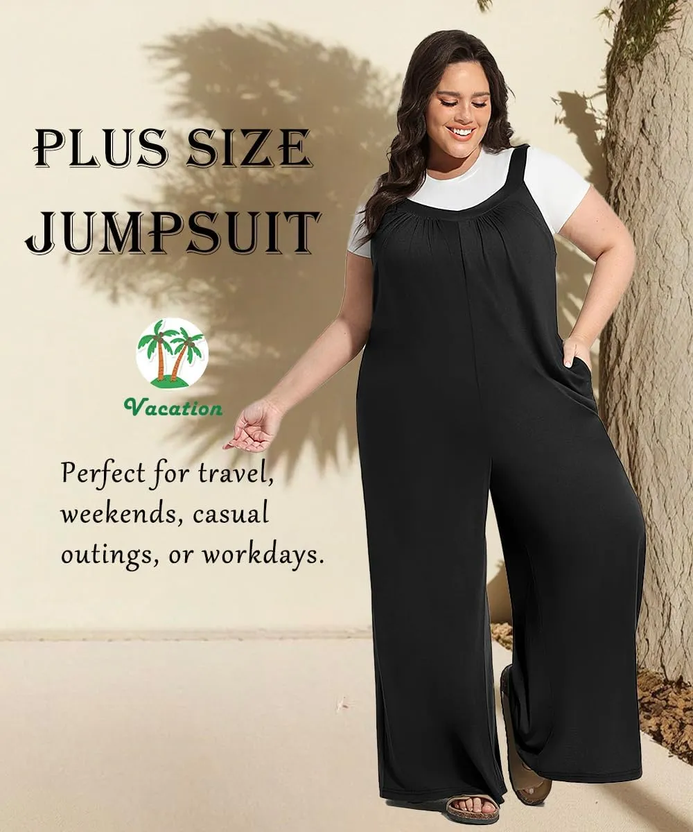 TIYOMI Plus Size Women's Summer Jumpsuits Casual Loose Overalls Sleeveless Wide Leg Rompers with Pockets XL-5XL