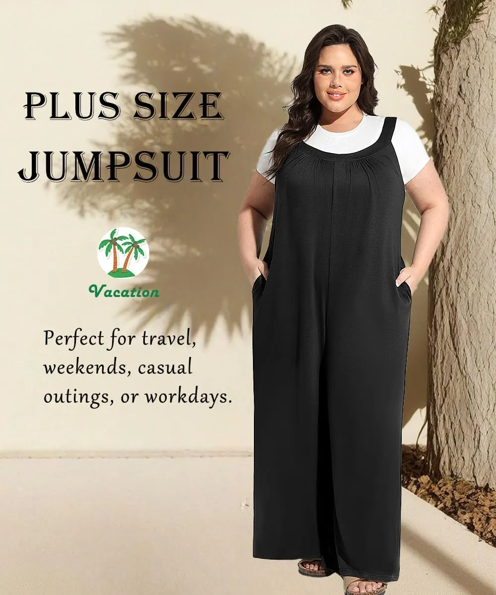 TIYOMI Plus Size Women's Summer Jumpsuits Casual Loose Overalls Sleeveless Wide Leg Rompers with Pockets XL-5XL
