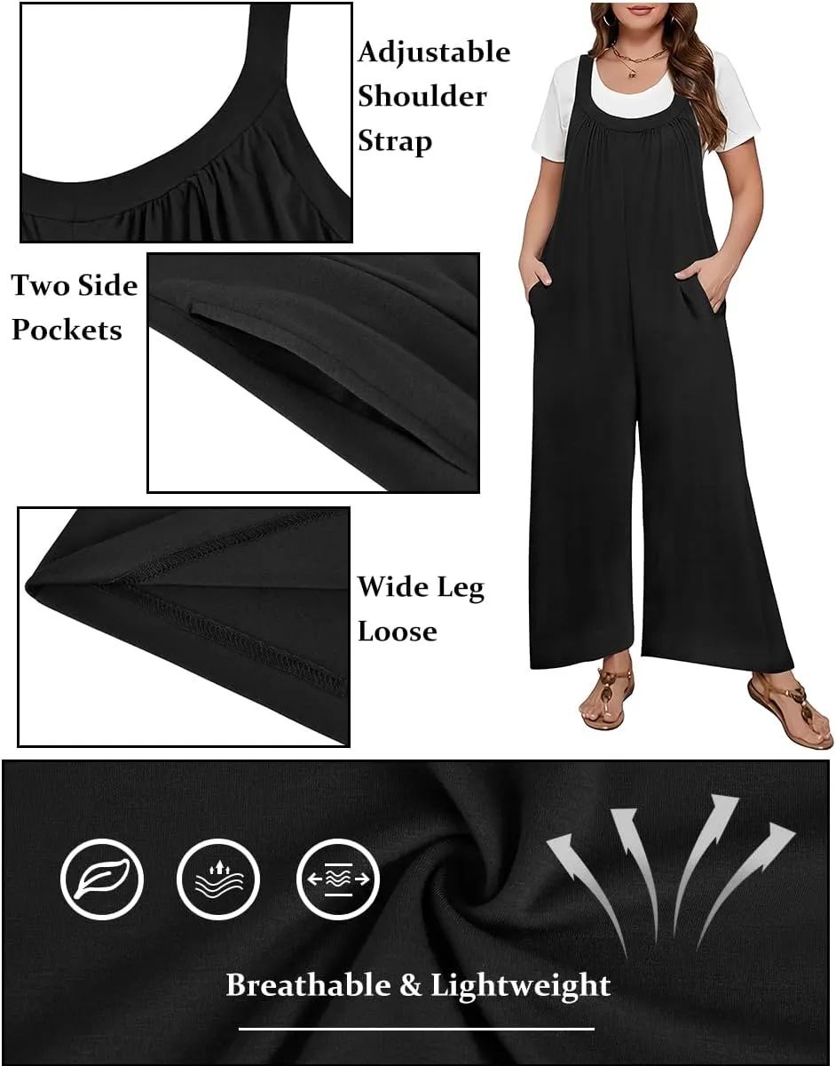TIYOMI Plus Size Women's Summer Jumpsuits Casual Loose Overalls Sleeveless Wide Leg Rompers with Pockets XL-5XL