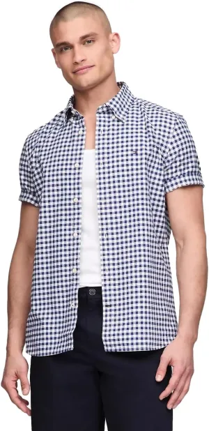 Tommy Hilfiger Men's Short Sleeve Regular Fit Stretch Oxford Shirt Collection 2024, Small, White