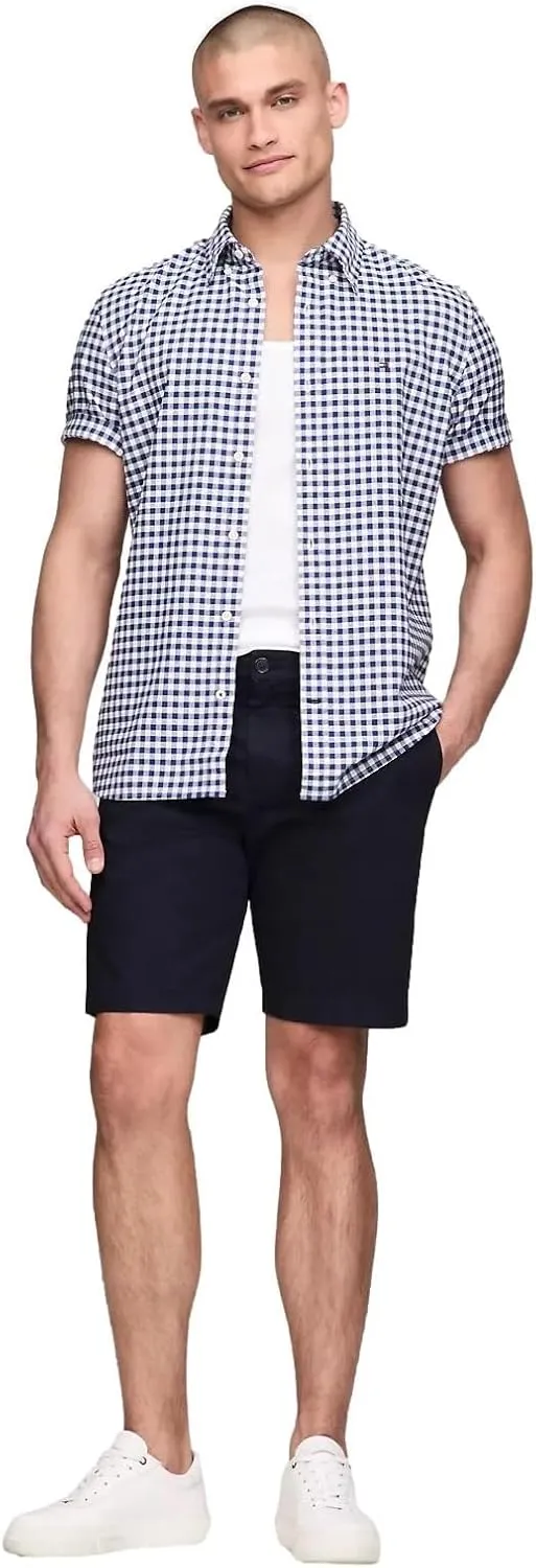 Tommy Hilfiger Men's Short Sleeve Regular Fit Stretch Oxford Shirt Collection 2024, Small, White
