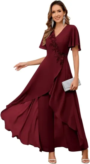TORYEMY Mother of The Bride Pant Suits for Wedding Chiffon Lace Appliques Short Sleeve Pant Suits for Women Dressy with Bead
