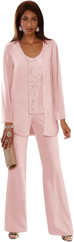 TORYEMY Mother of The Bride Pant Suits for Wedding Chiffon Sequin Long Sleeve Formal Evening Outfit with Bead