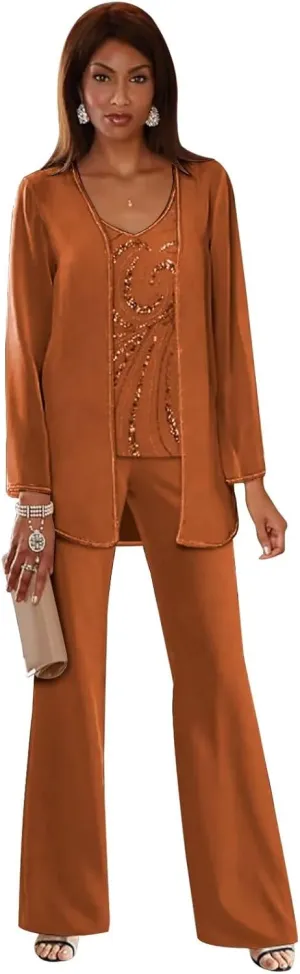 TORYEMY Mother of The Bride Pant Suits for Wedding Chiffon Sequin Long Sleeve Formal Evening Outfit with Bead