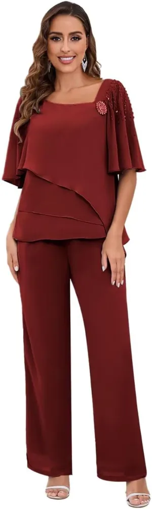 TORYEMY Mother of The Bride Pant Suits for Wedding Chiffon Short Sleeve Formal Evening Outfit with Bead
