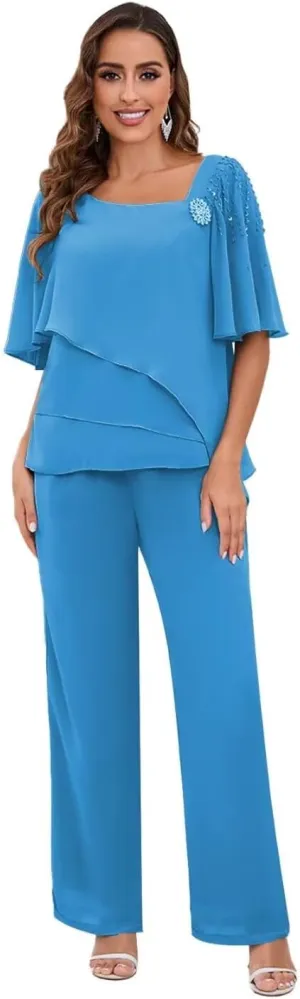 TORYEMY Mother of The Bride Pant Suits for Wedding Chiffon Short Sleeve Formal Evening Outfit with Bead