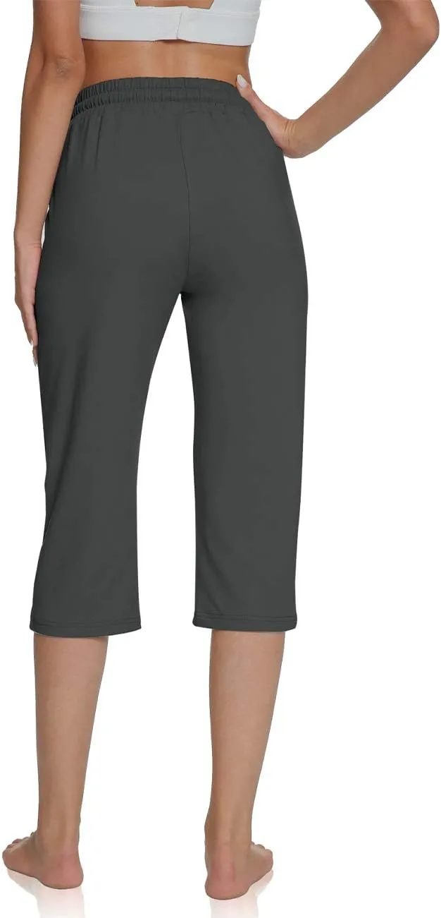 UEU Women's Comfy Drawstring Yoga Capri Pants Loose Workout Sweatpants Wide Leg Lounge Pants with Pockets