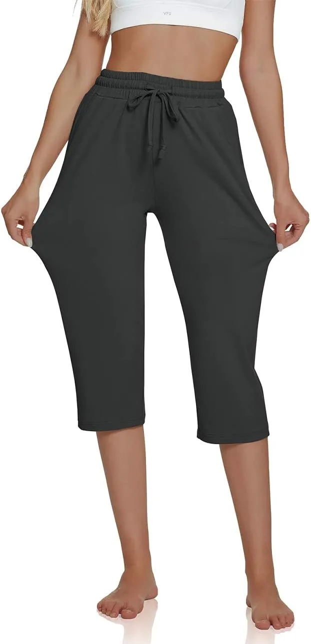 UEU Women's Comfy Drawstring Yoga Capri Pants Loose Workout Sweatpants Wide Leg Lounge Pants with Pockets
