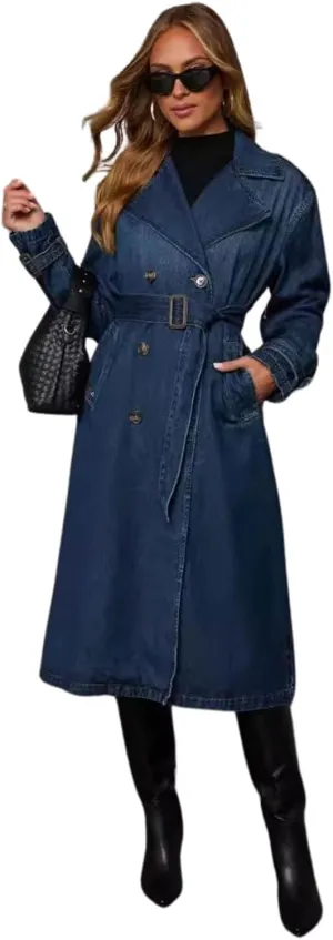 utcoco Women's Notch Lapel Double Breasted Denim Trench Coat Long Midi Jean Jacket with Belt