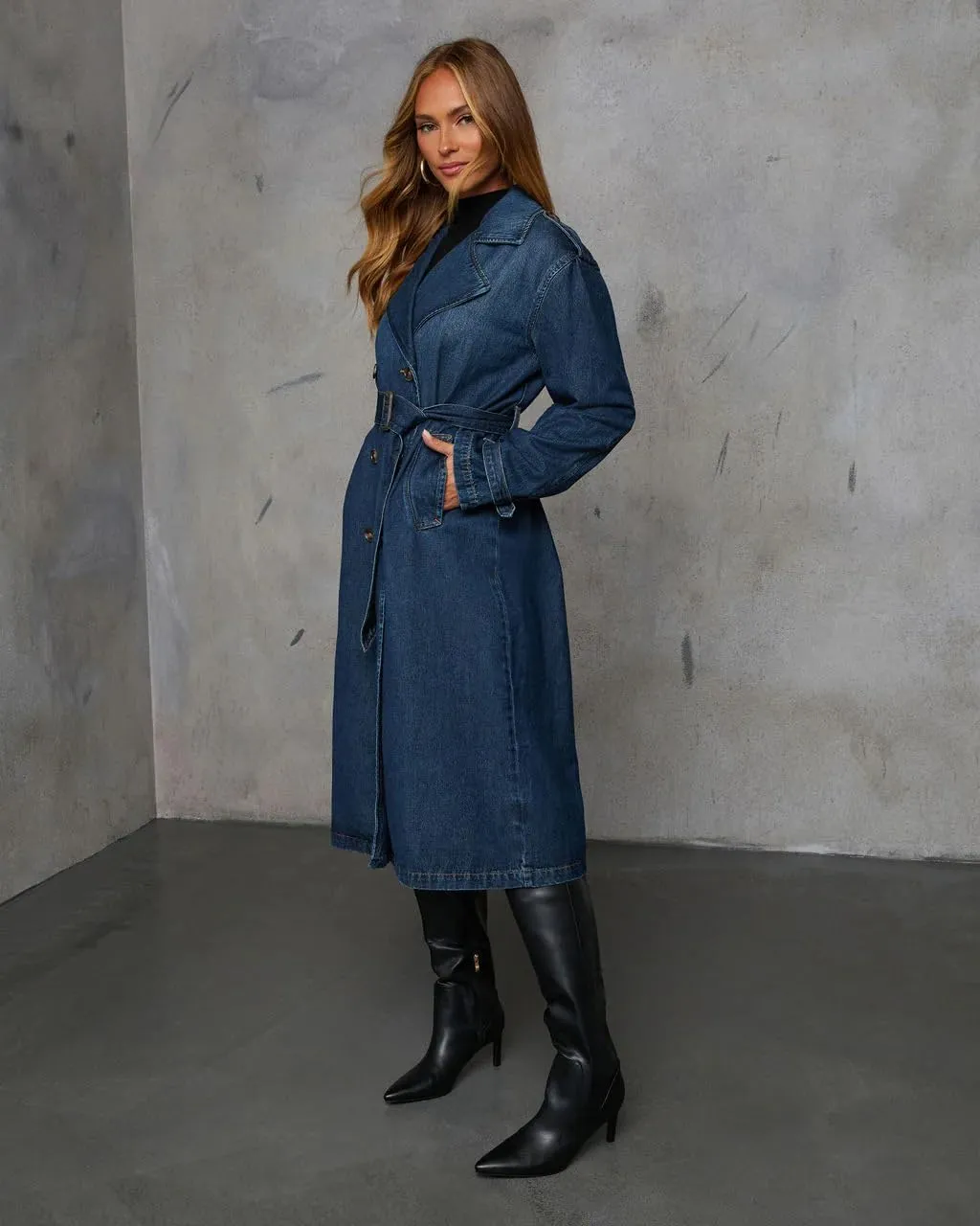 utcoco Women's Notch Lapel Double Breasted Denim Trench Coat Long Midi Jean Jacket with Belt