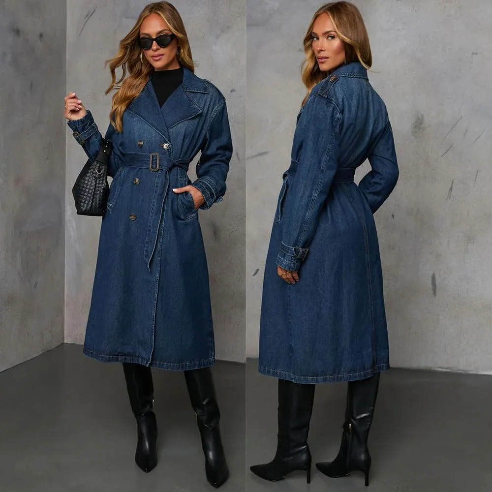 utcoco Women's Notch Lapel Double Breasted Denim Trench Coat Long Midi Jean Jacket with Belt