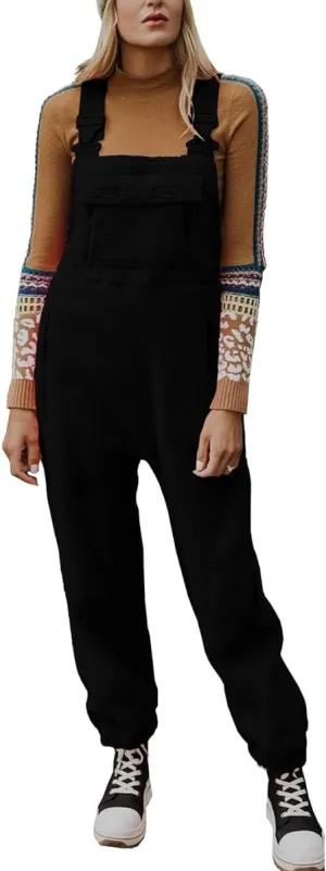 VECVOC Women's Winter Fleece Warm Overalls Casual Adjustable Strap Sleeveless Loose Jumpsuits with Pockets,Black,M