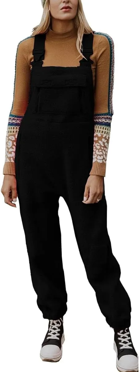 VECVOC Women's Winter Fleece Warm Overalls Casual Adjustable Strap Sleeveless Loose Jumpsuits with Pockets,Black,M