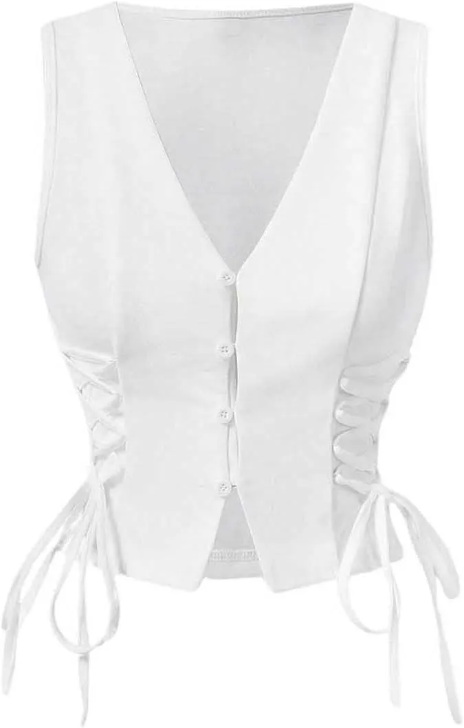 Verdusa Women's Vest Lace Up Side Button Front V Neck Sleeveless Crop Tank Top