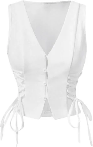 Verdusa Women's Vest Lace Up Side Button Front V Neck Sleeveless Crop Tank Top