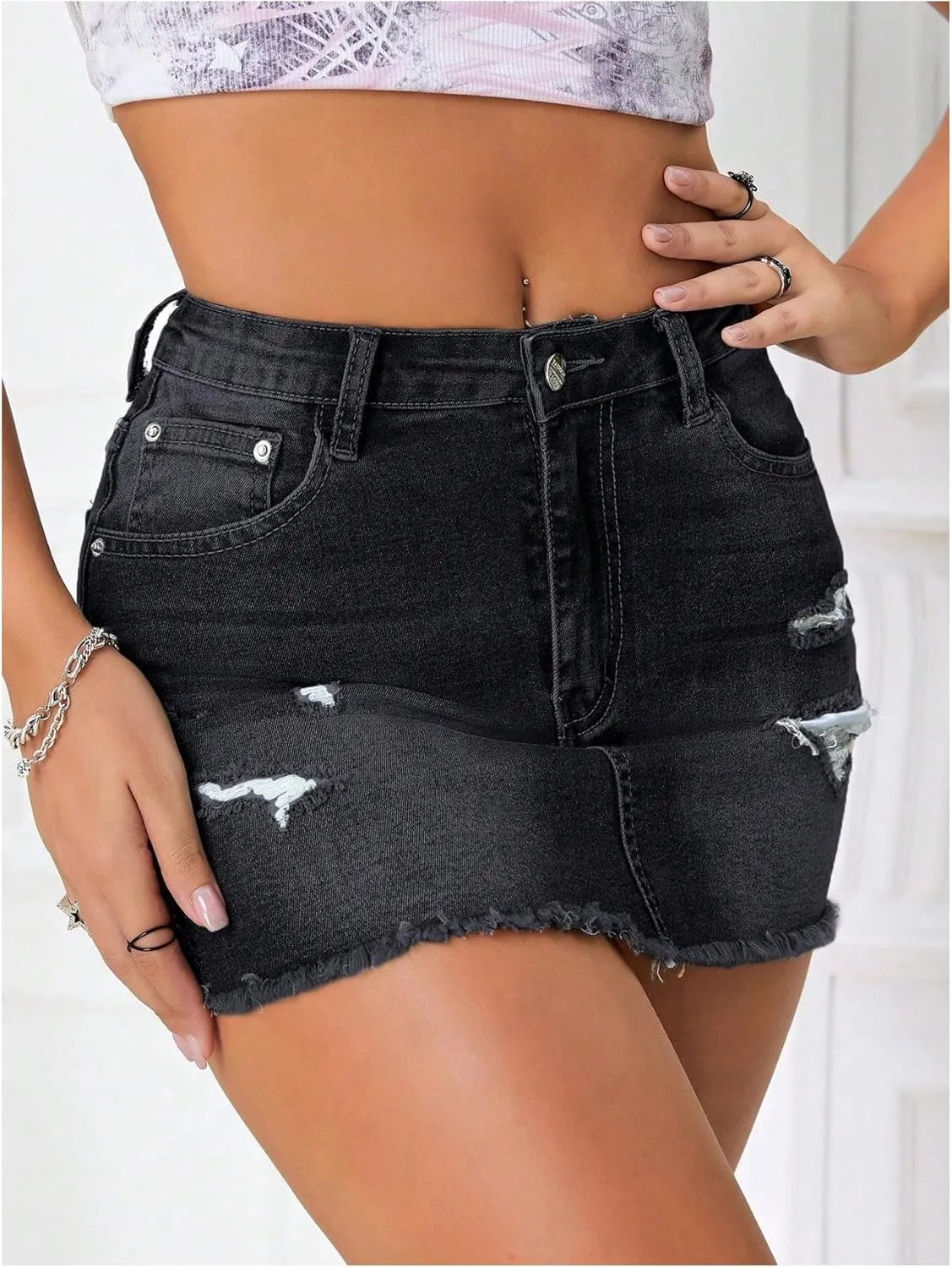 Verdusa Women's Y2K Low Waist Ripped Raw Trim Denim Bodycon Pencil Mini Skirt