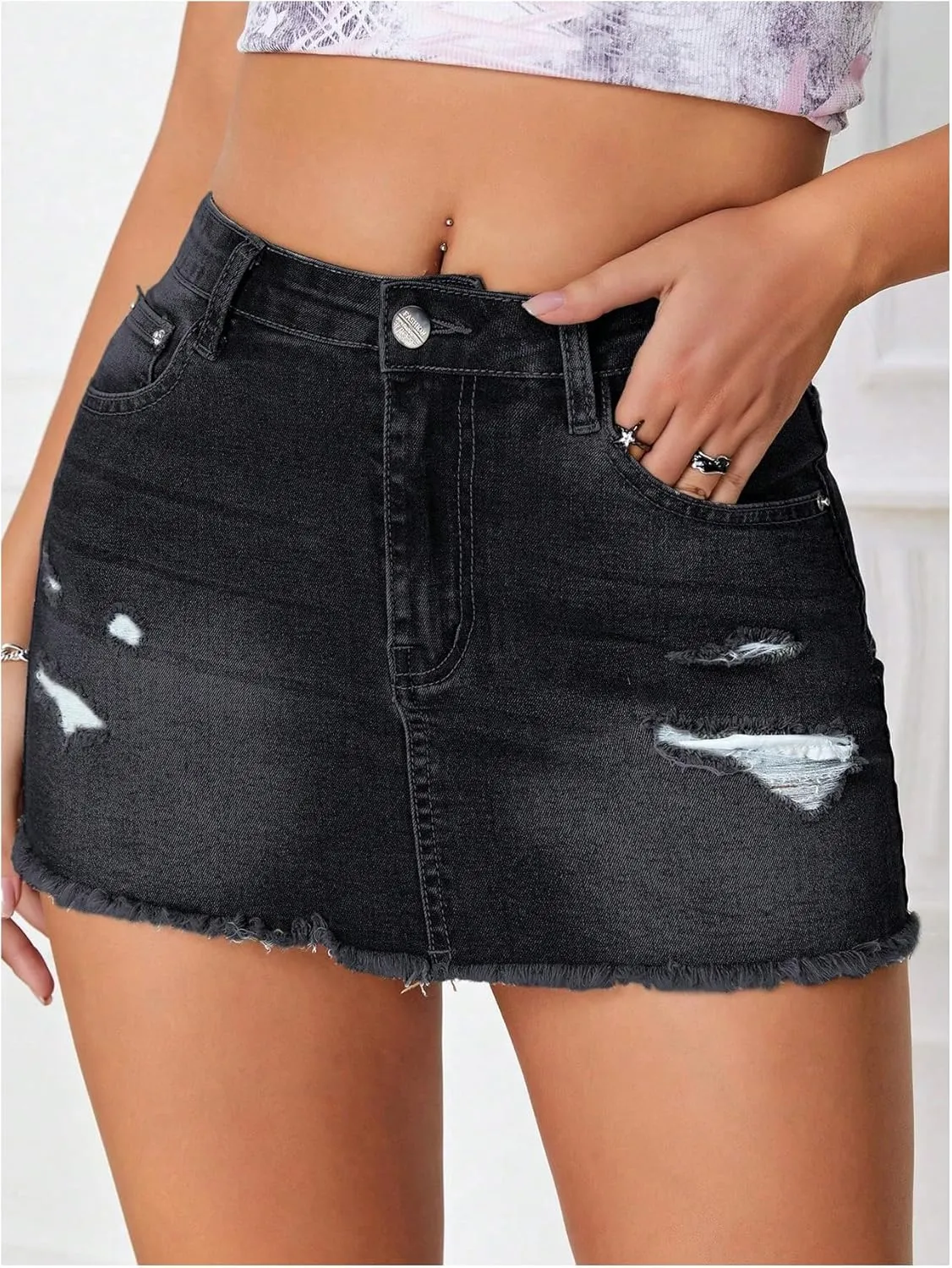 Verdusa Women's Y2K Low Waist Ripped Raw Trim Denim Bodycon Pencil Mini Skirt