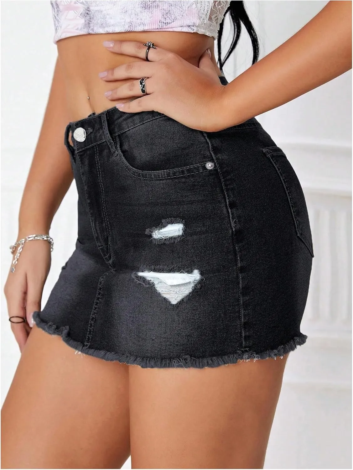 Verdusa Women's Y2K Low Waist Ripped Raw Trim Denim Bodycon Pencil Mini Skirt