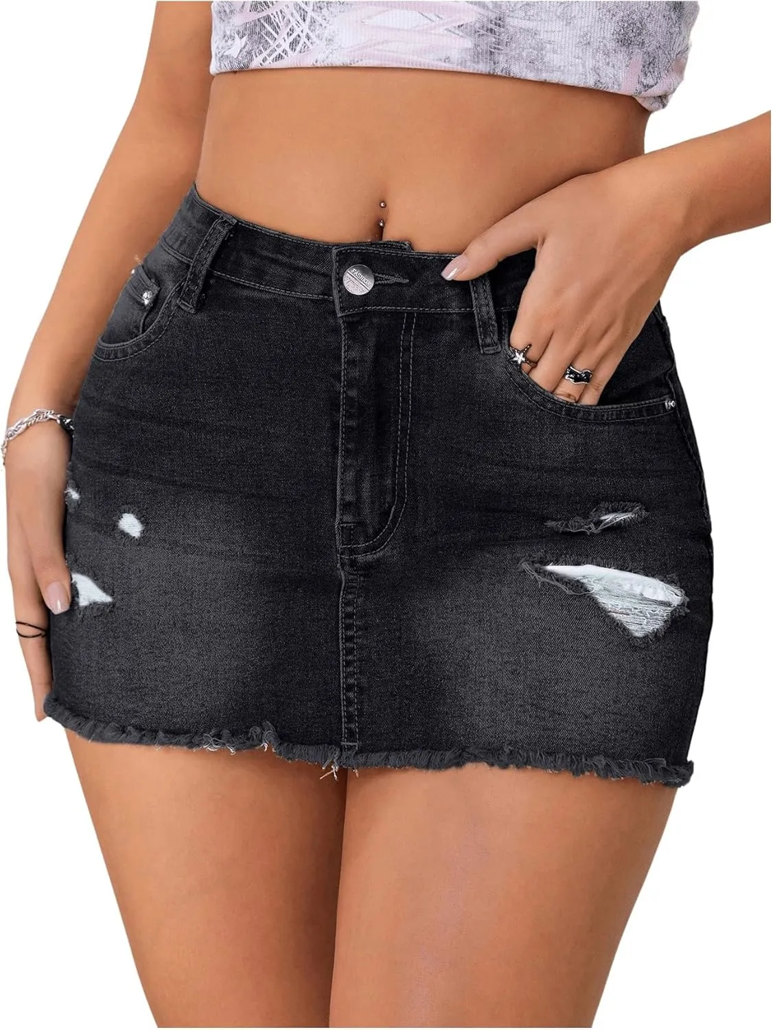Verdusa Women's Y2K Low Waist Ripped Raw Trim Denim Bodycon Pencil Mini Skirt